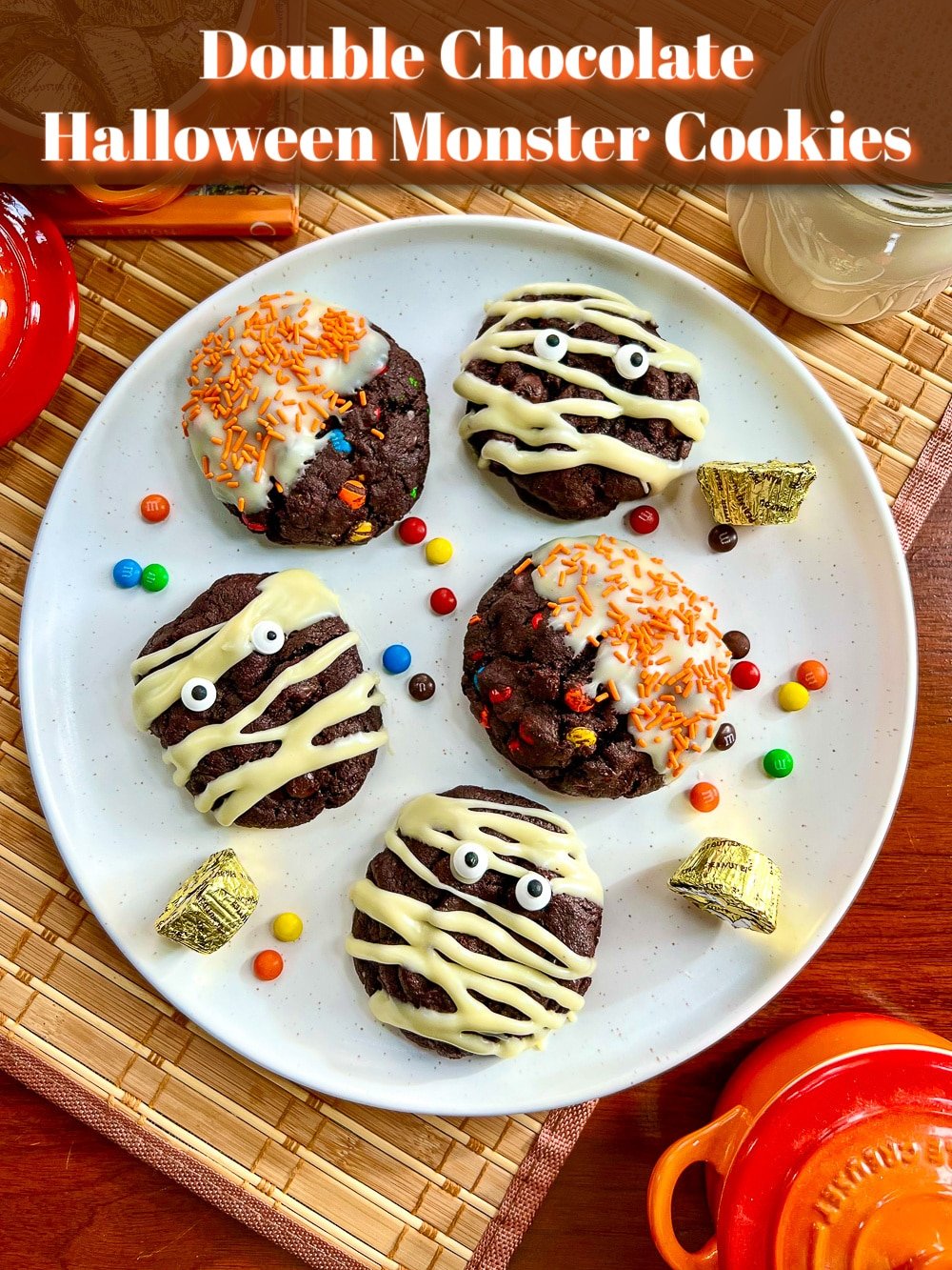 Photo of a plate of finished Double Chocolate Halloween Monster Cookies for Pinterest