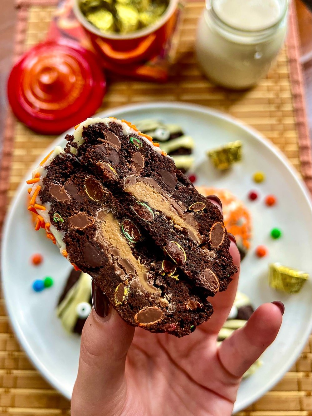 Photo of the inside of Double Chocolate Halloween Monster Cookies