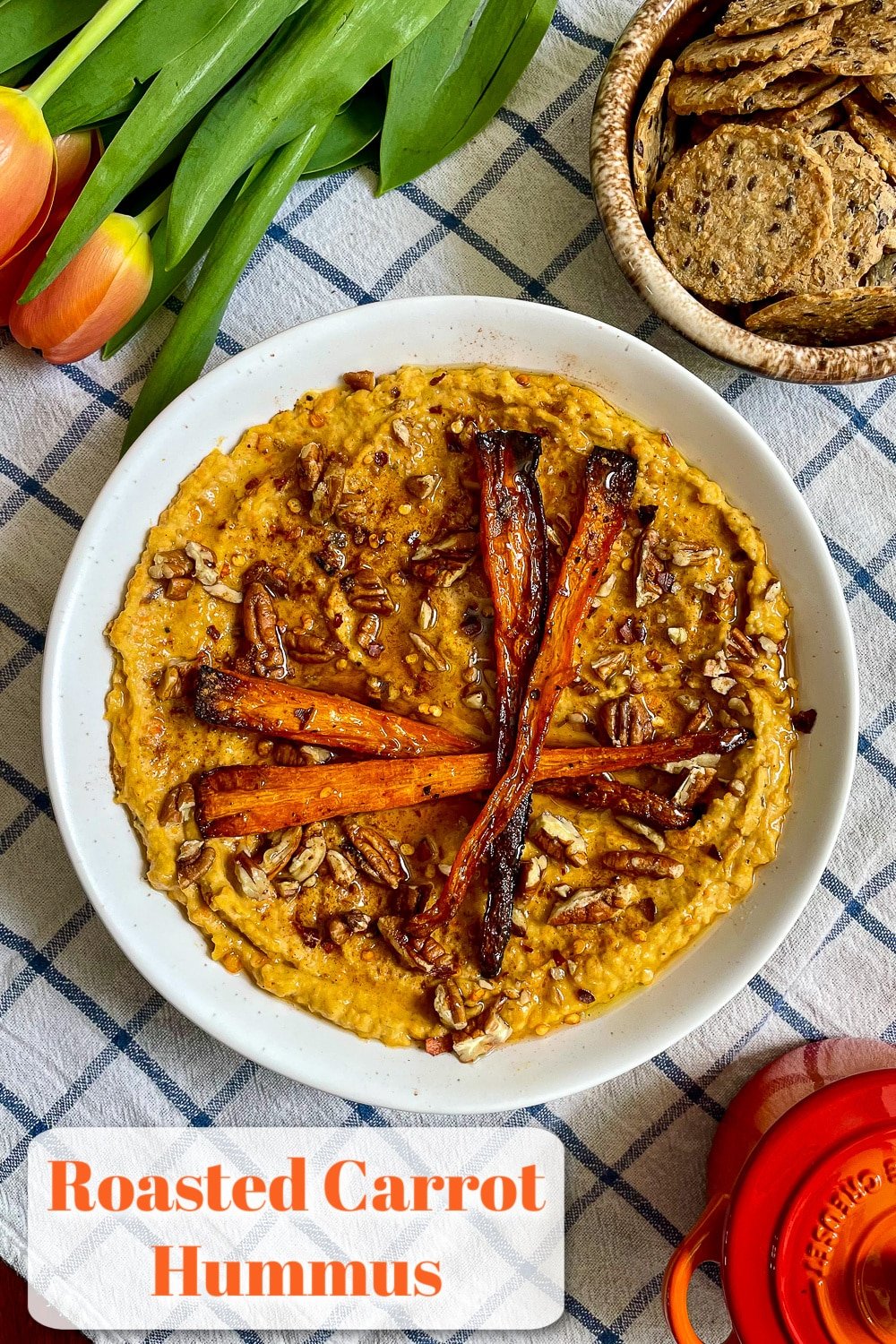 roasted carrot hummus overhead photo of finished dish for Pinterest