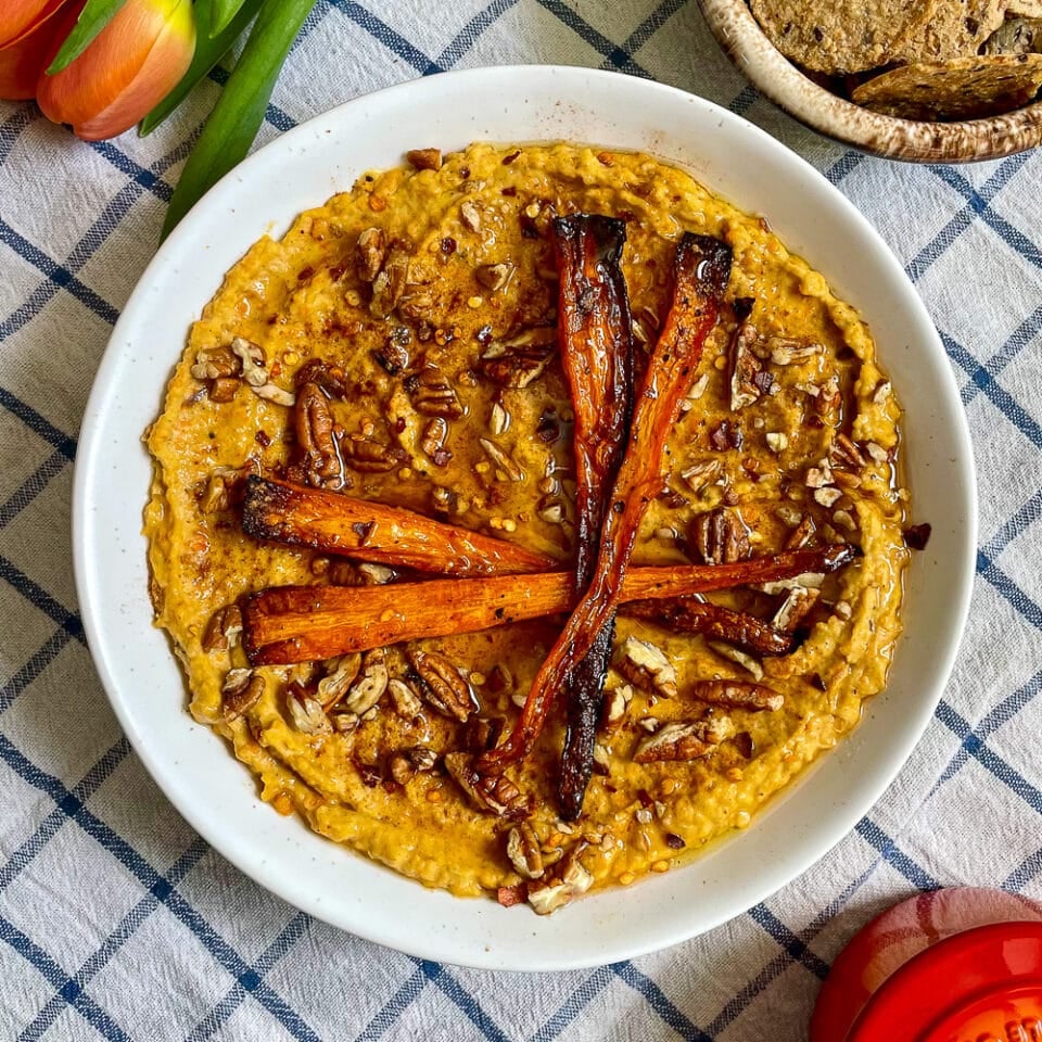 Roasted Carrot Hummus. Naturally sweet with a hint of maple.