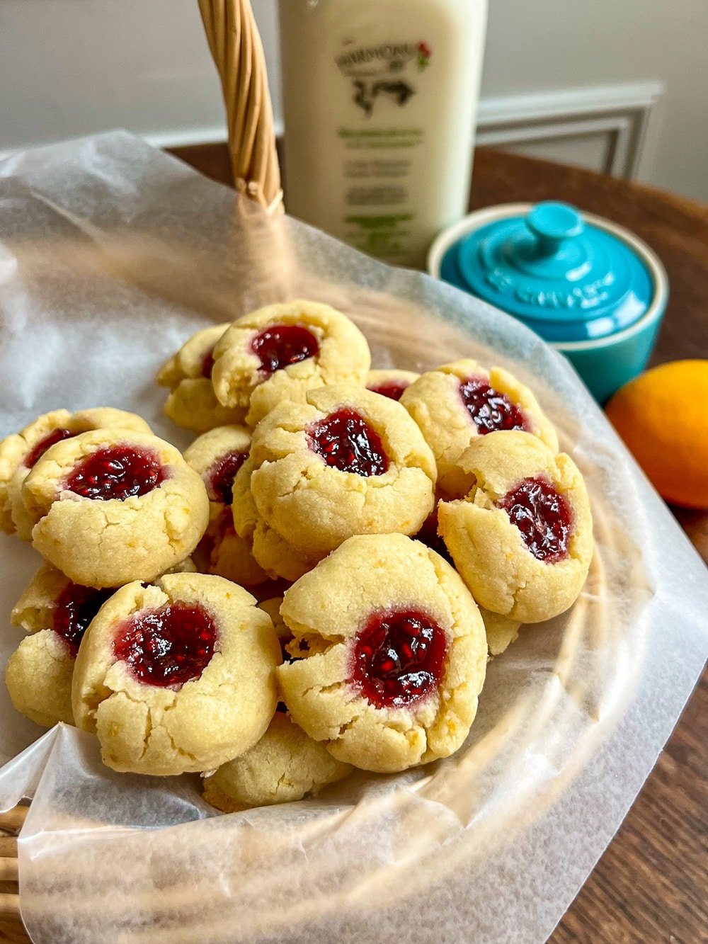 Easy Lemon Thumbprint Cookies in a wicker basket