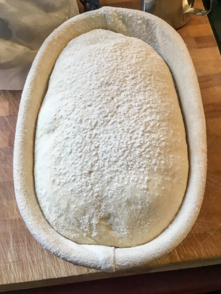 How to make artisan sourdough . photo of the dough in a batard banneton