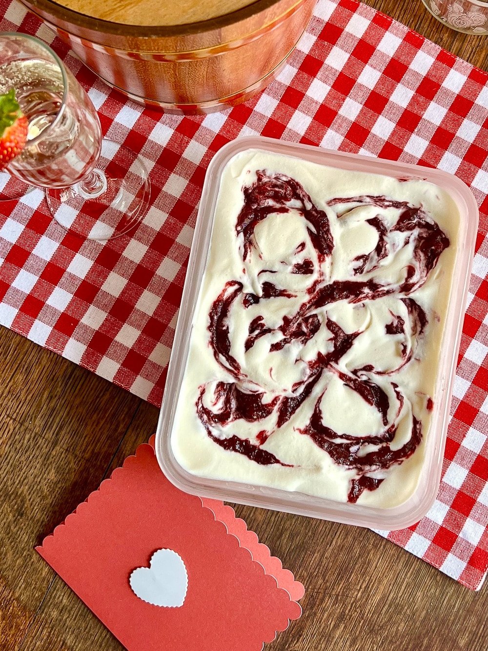 No Churn Strawberry Vanilla Ice Cream with a red checker background