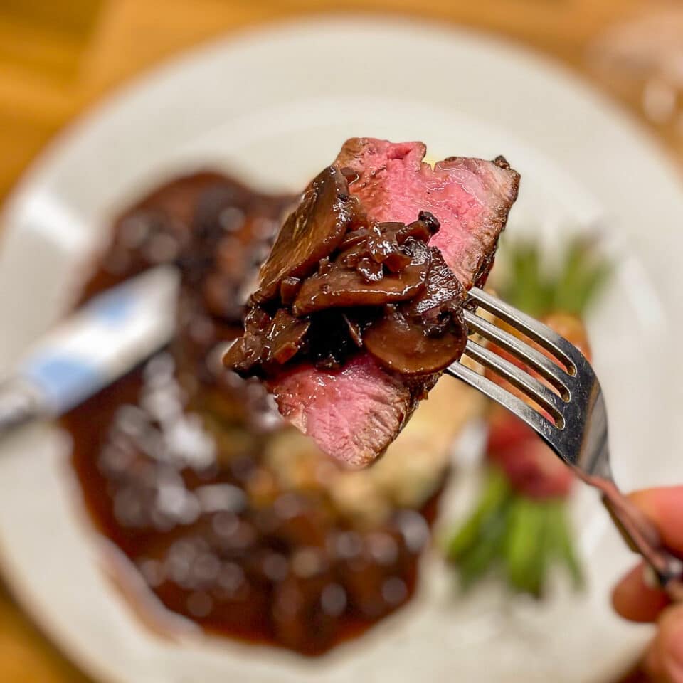 Pan Roasted Tenderloin Fillet with red wine mushroom sauce.