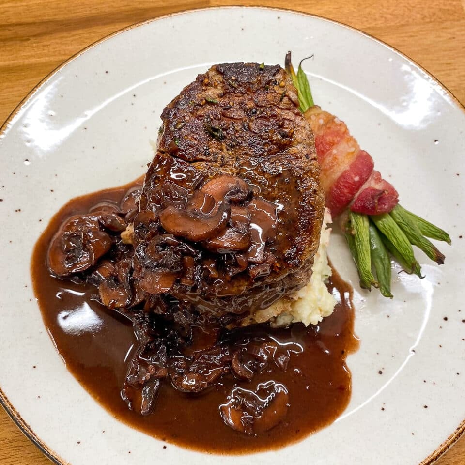 Pan Roasted Tenderloin Fillet with crimson wine mushroom sauce