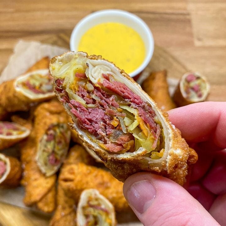 Corned Beef & Cabbage Egg Rolls close up photo of interior of one eggroll