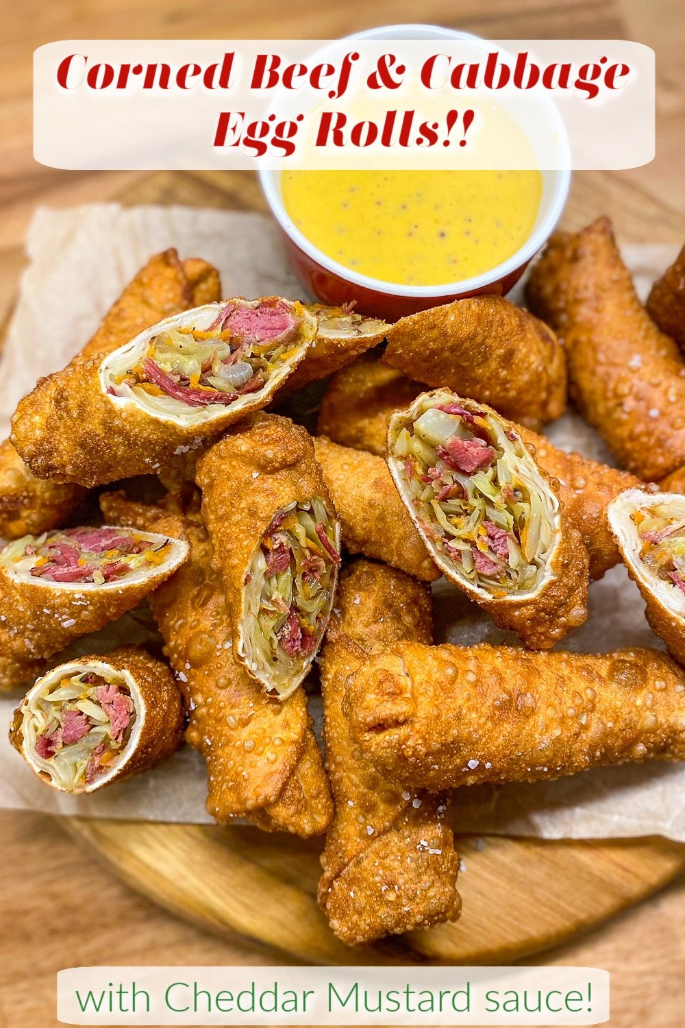 Corned Beef & Cabbage Egg Rolls photo with title text added for Pinterest