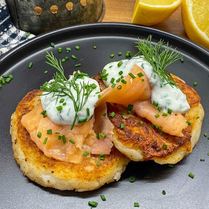 Irish Potato Cakes Boxty single serving on a black plate