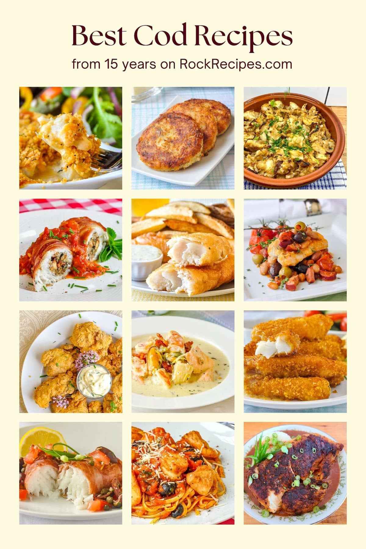 Photo collage of 12 cod fish recipes.