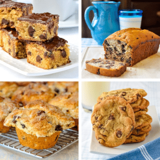 A collage of chocolate chip recipes including cookies, muffins and banana bread.