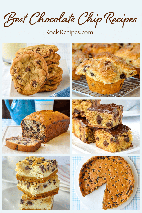 A collage of chocolate chip recipes including cookies, muffins and banana bread.