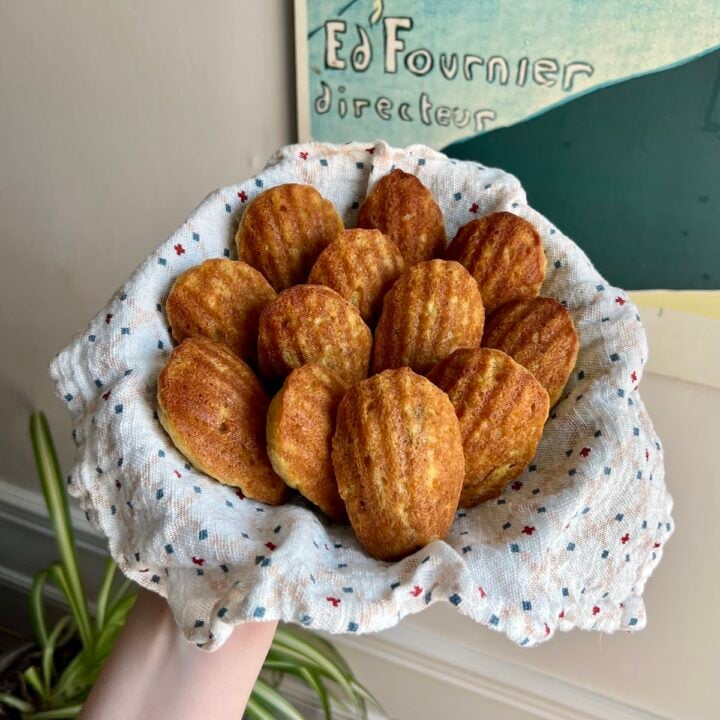 A basket of freshly baked madeleines.