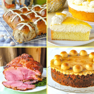 A grid collage of easter recipes, including hot cross buns, lemon mousse cake, baked ham and simnel cake.