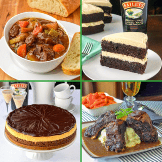 A collage of Irish recipes including stew and cakes.