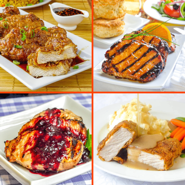 A grid collage of four pork chop recipes.