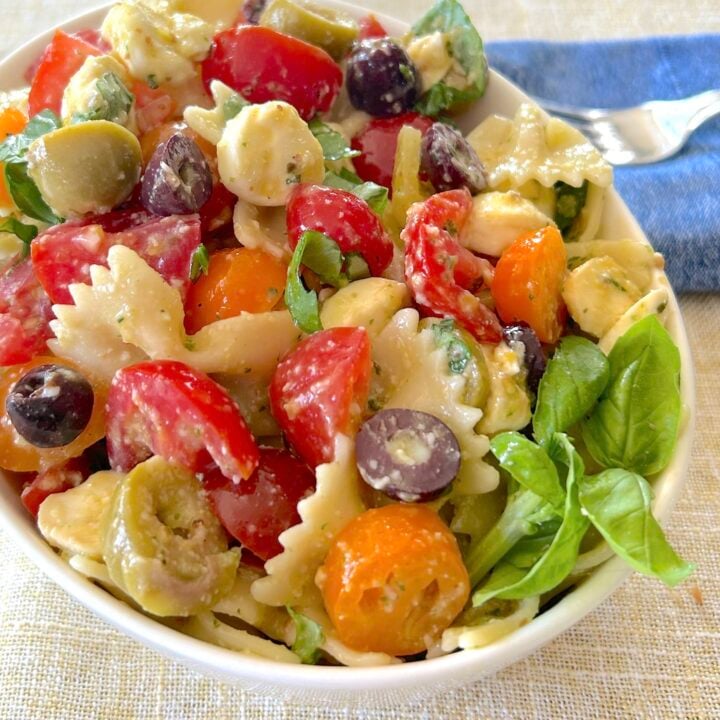 Caprese Inspired Pasta Salad close up photo for featured image