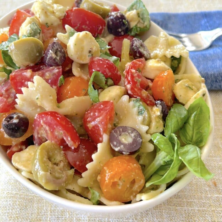 Caprese Inspired Pasta Salad close up photo for featured image
