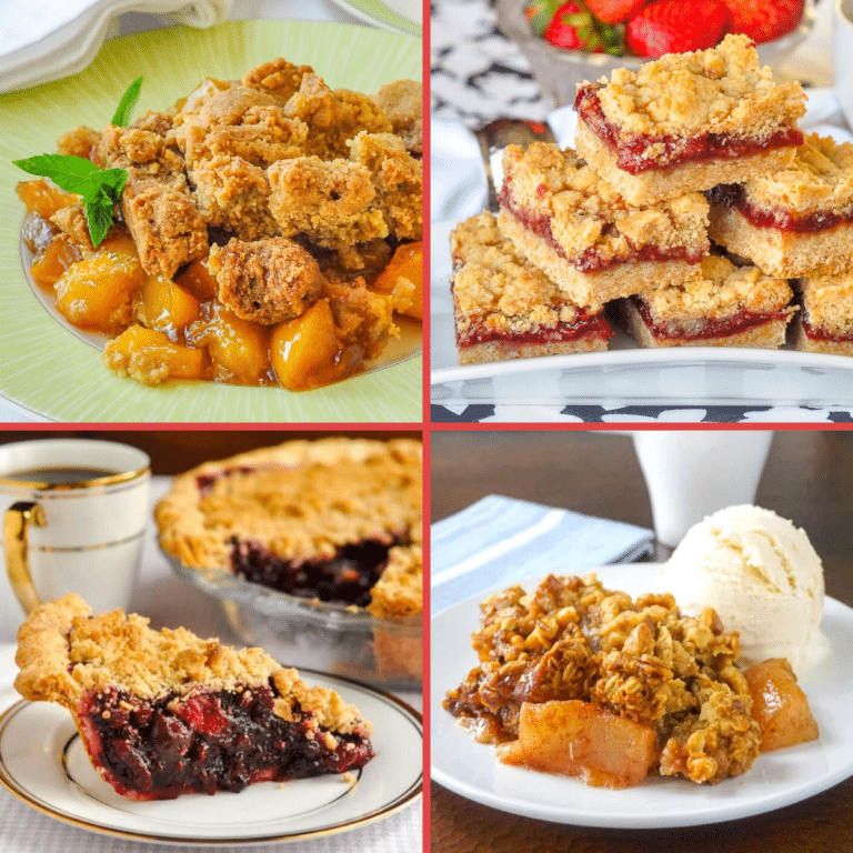 A grid collage of four fruit crumbles.