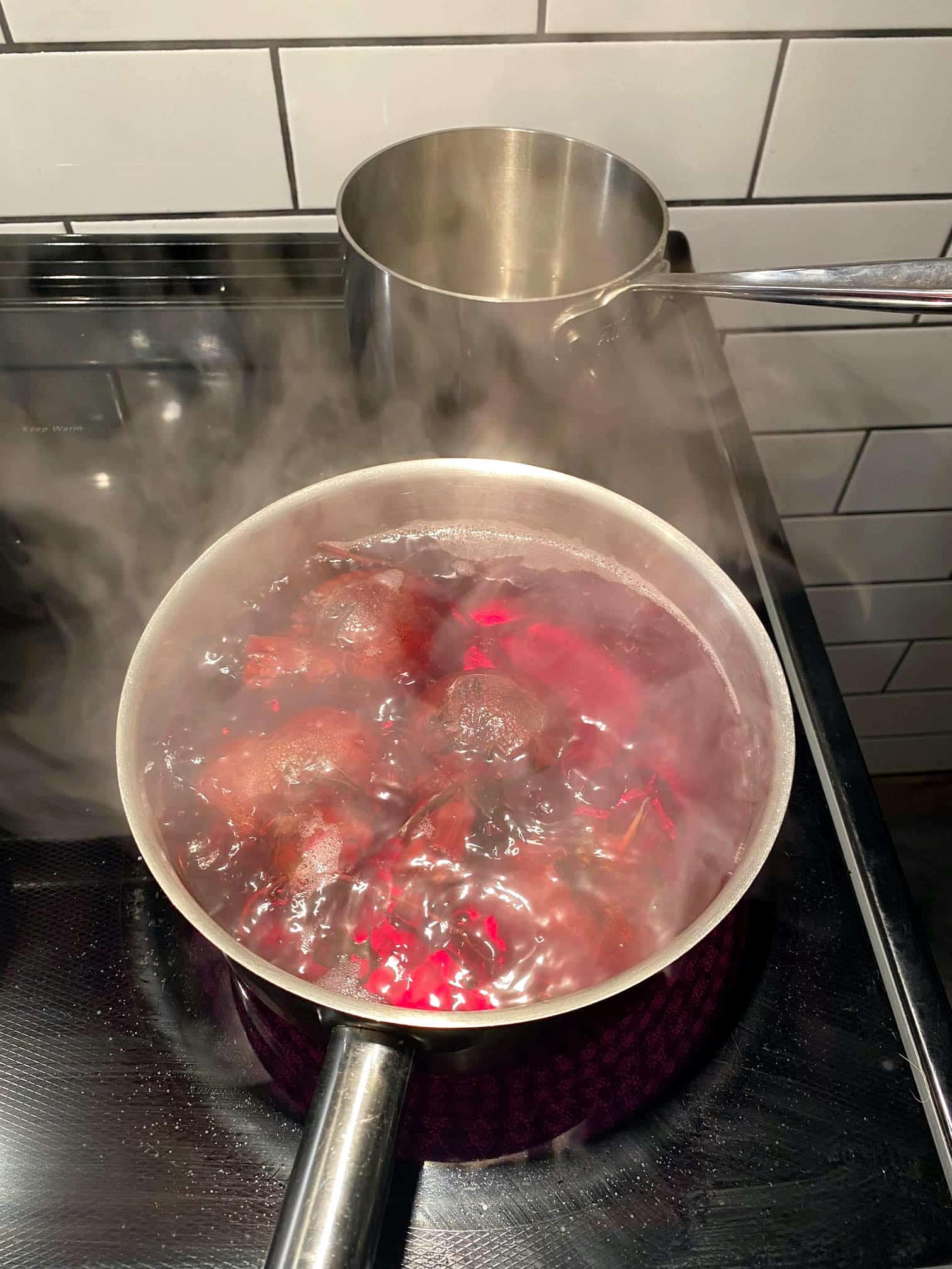 A pot of boiling beets for pickled beets