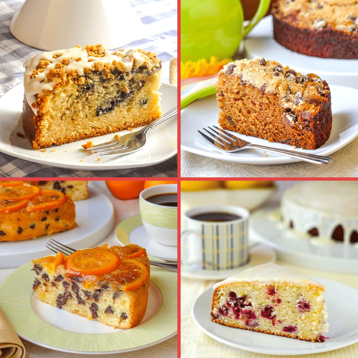 A grid collage of 4 different coffee cakes.
