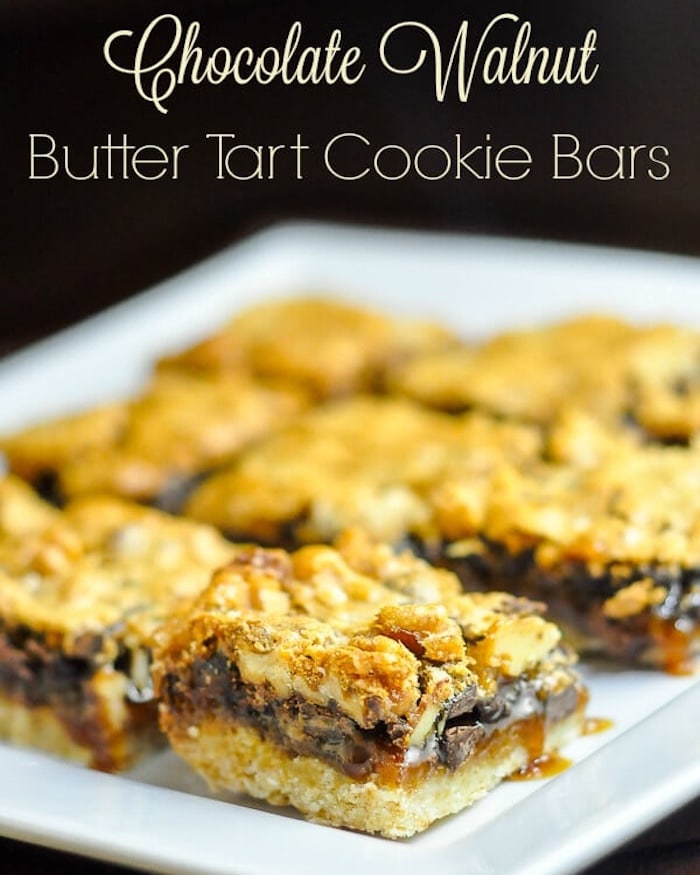 Chocolate Walnut Butter Tart Bars photo cropped with title text added for Facebook and Instagram