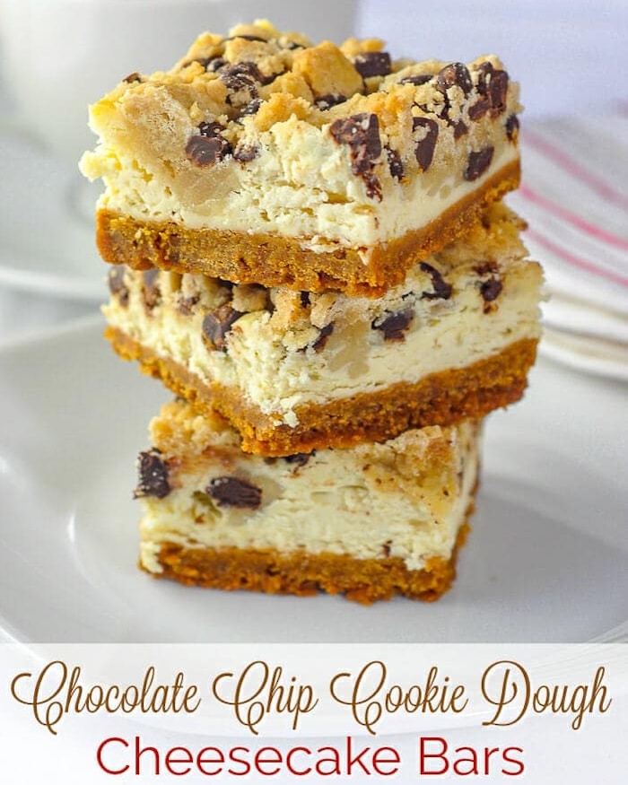 Chocolate Chip Cookie Dough Cheesecake Bars photo with title text overlay for facebook and Instagram