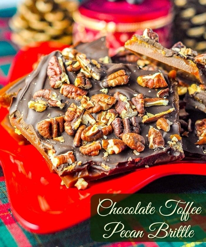 Chocolate Toffee Pecan Brittle with title text added fr Social media.