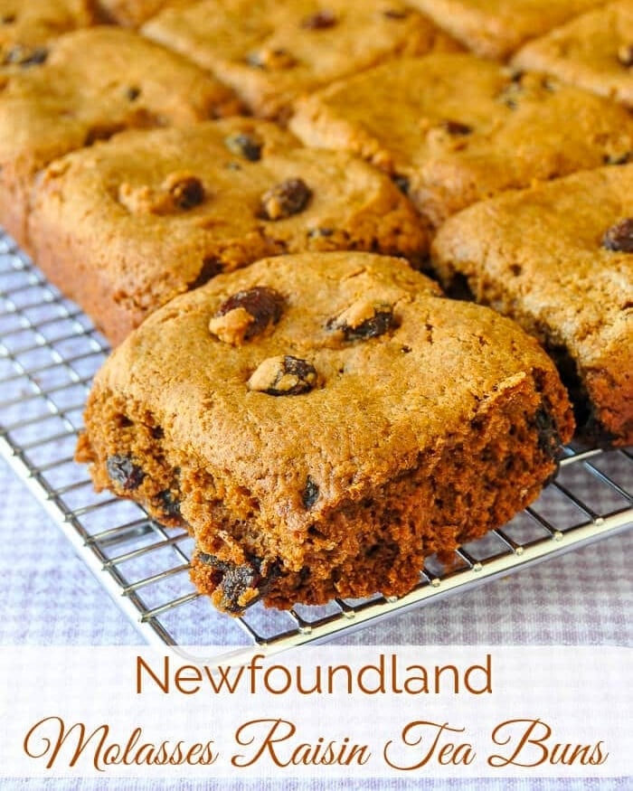 Newfoundland Molasses Raisin Tea Buns Image with title text added for social media.