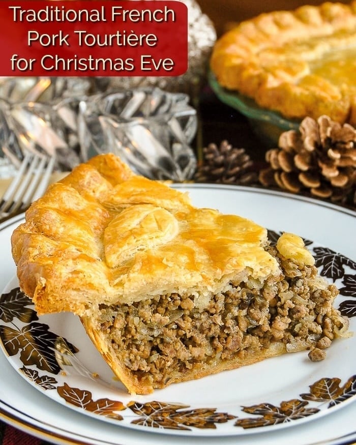 Christmas Tourtière slice on a gold and white plate with title text added for social media.