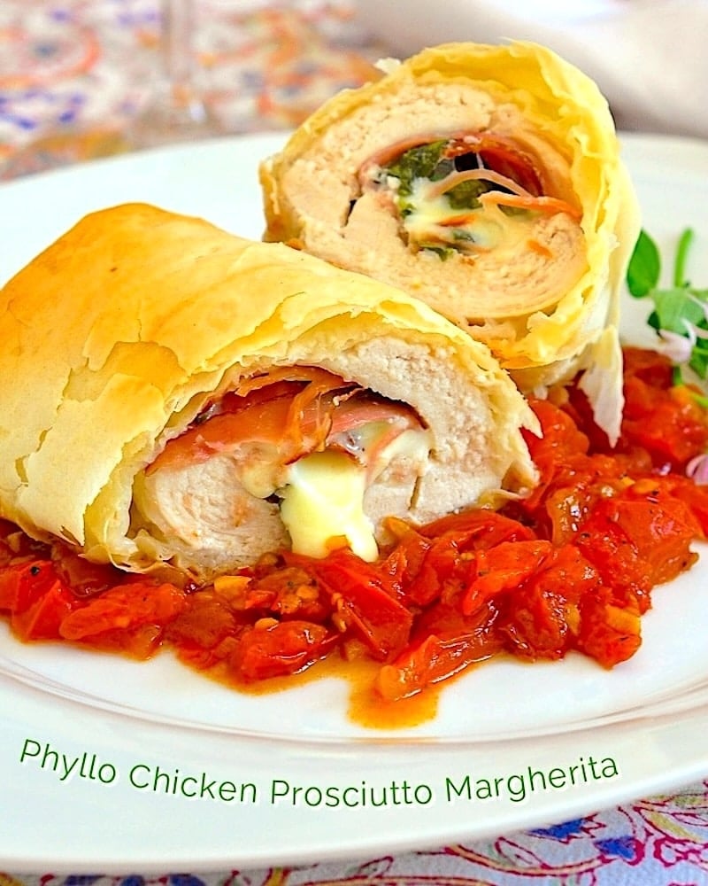Phyllo Chicken Prosciutto Margherita photo with title text for social media
