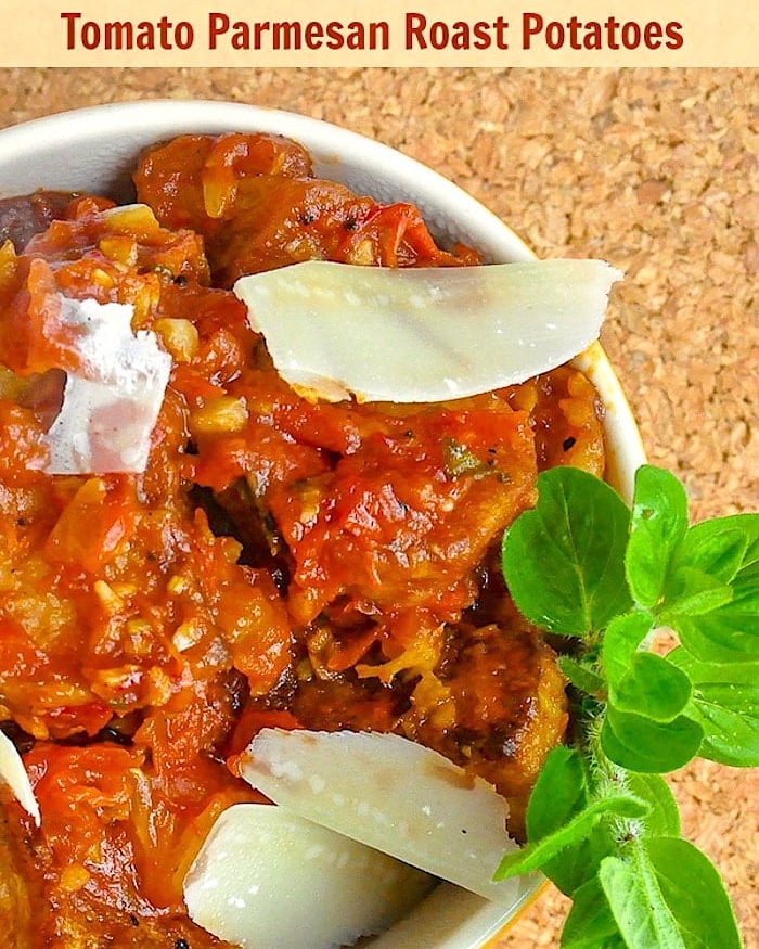 Tomato Parmesan Roast Potatoes photo with title text for social media.