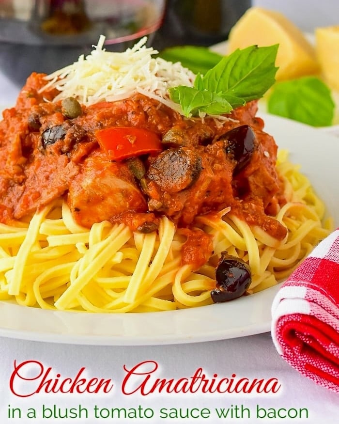 Chicken Amatriciana photo with title text added for Pinterest