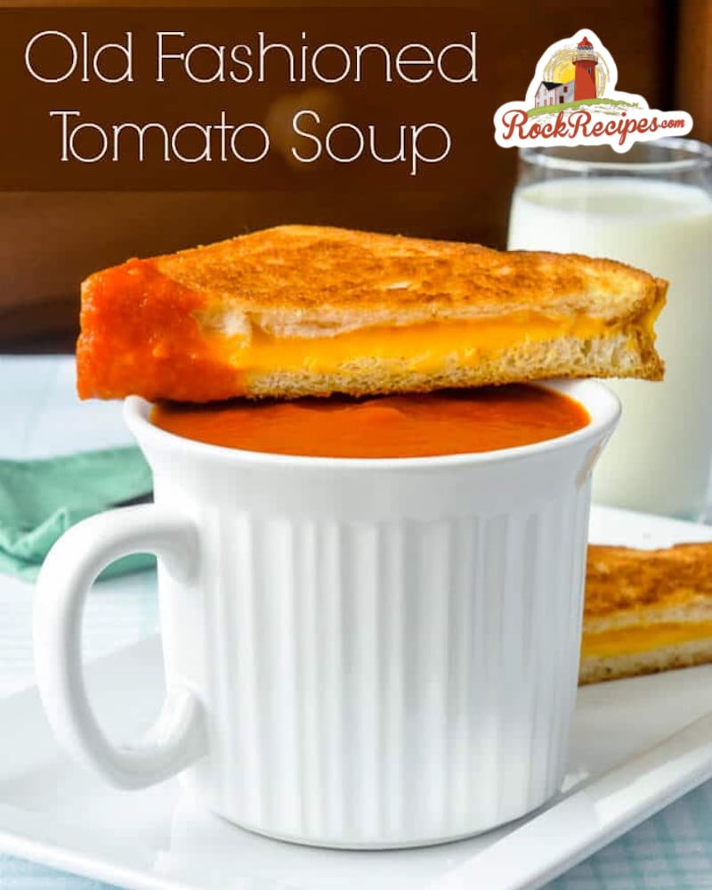 Homemade Tomato Soup image with title text added fr social media posts.