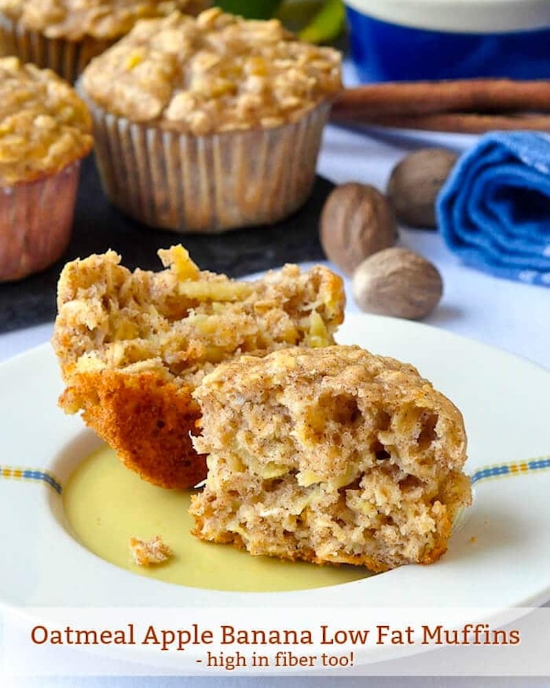 Oatmeal Apple Banana Low Fat Muffins. High in fiber too! Photo with title text added for