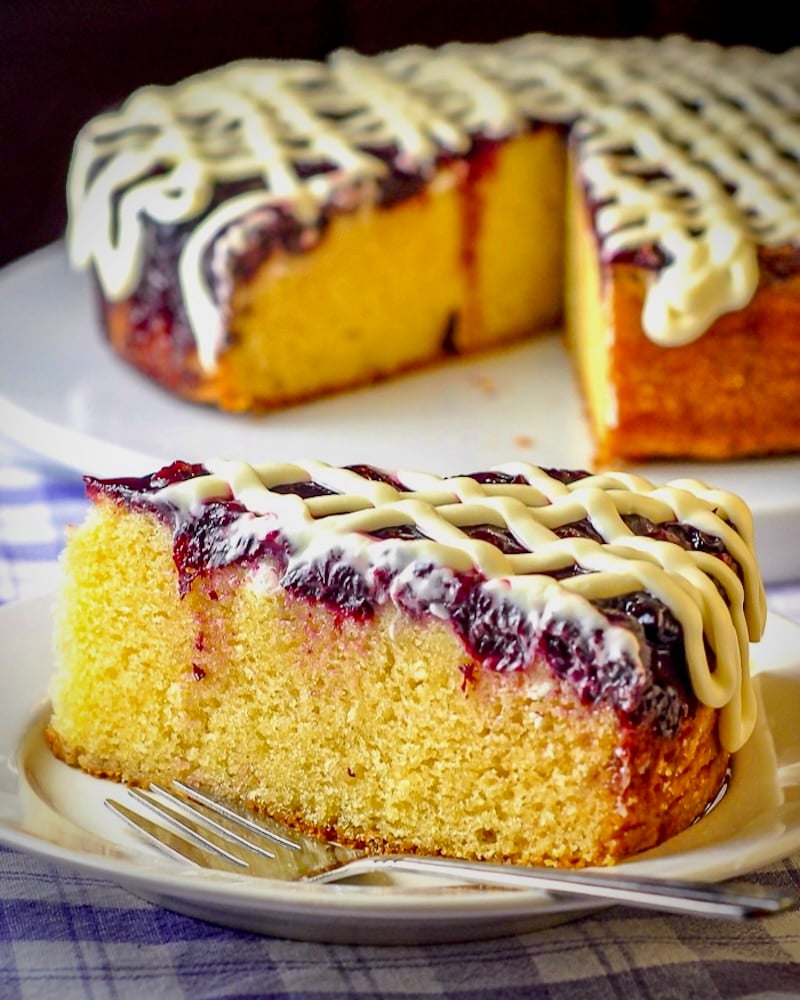 Cherry Vanilla Coffee Cake photo of single slice in 4:5 aspect for social media posts 