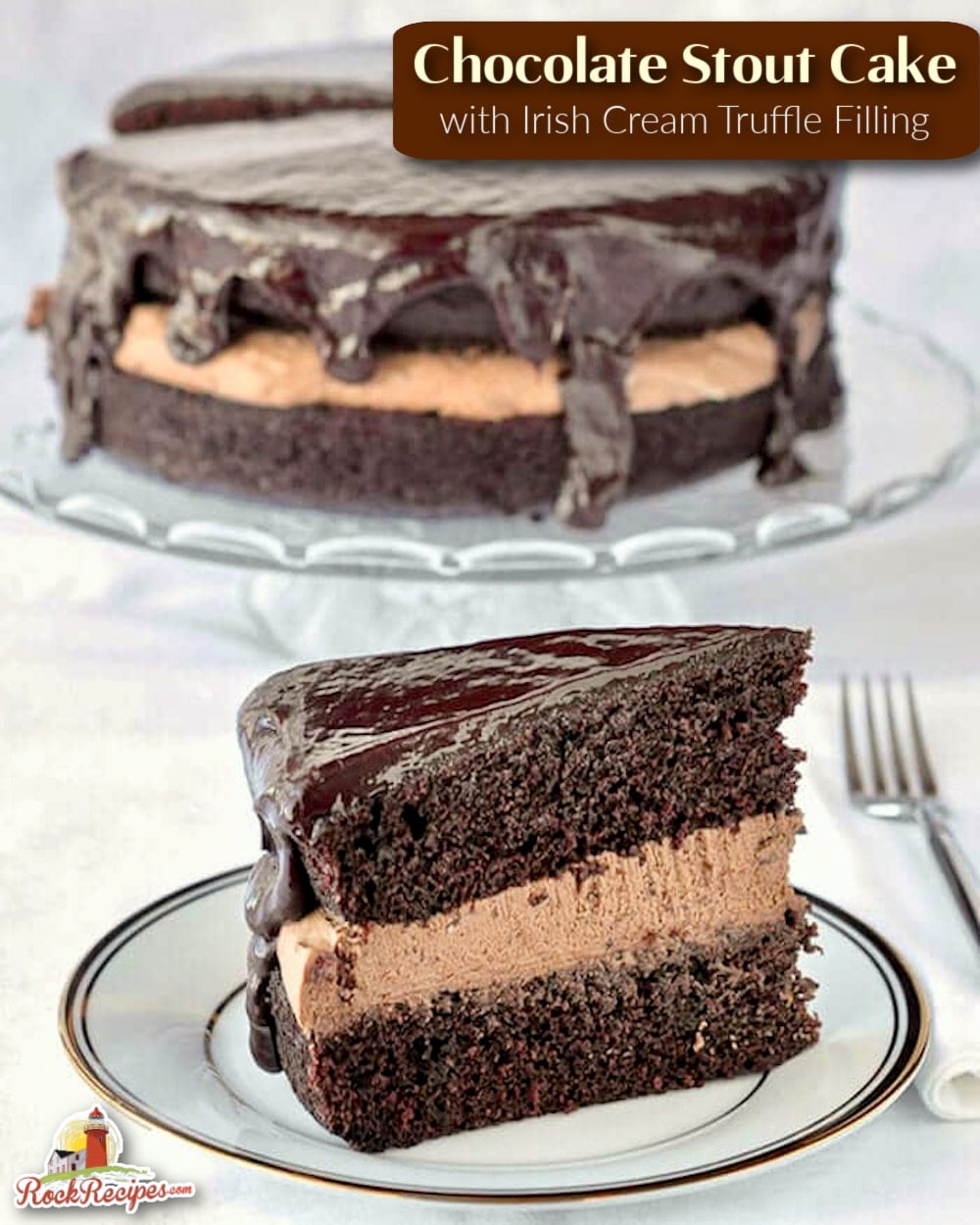 Chocolate Stout Cake with Irish Cream Truffle Filling & Chocolate Whisky Glaze photo with title text added for social media.