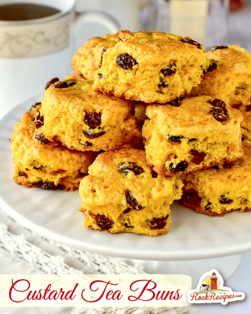 Custard Tea Buns on a white pedestal with title text and our logo added for social media posts.