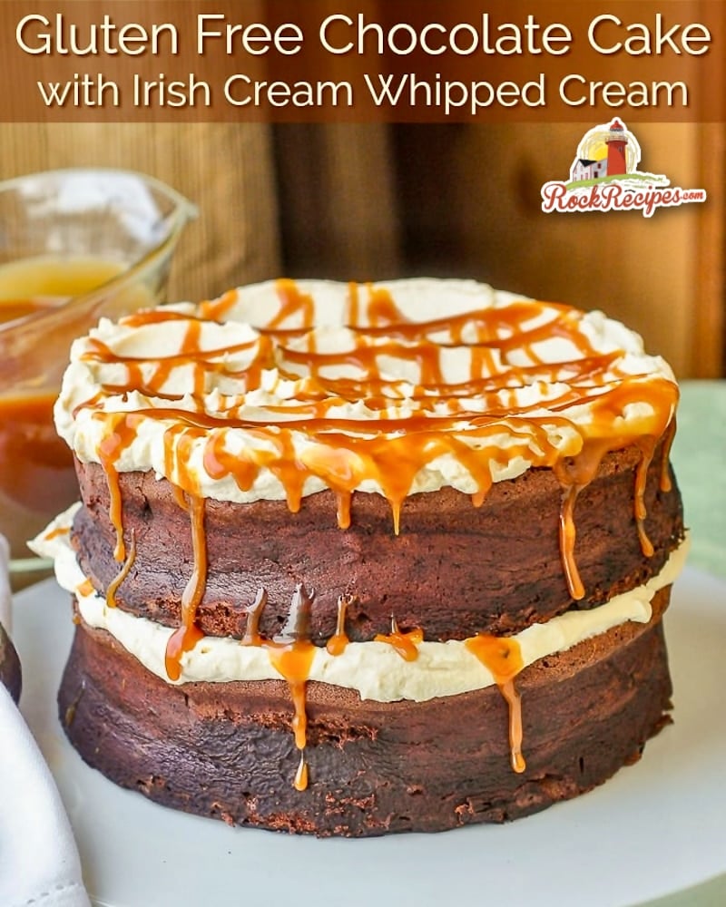 Gluten Free Chocolate Cake with Irish Cream Whipped Cream photo with title text for social media posts.