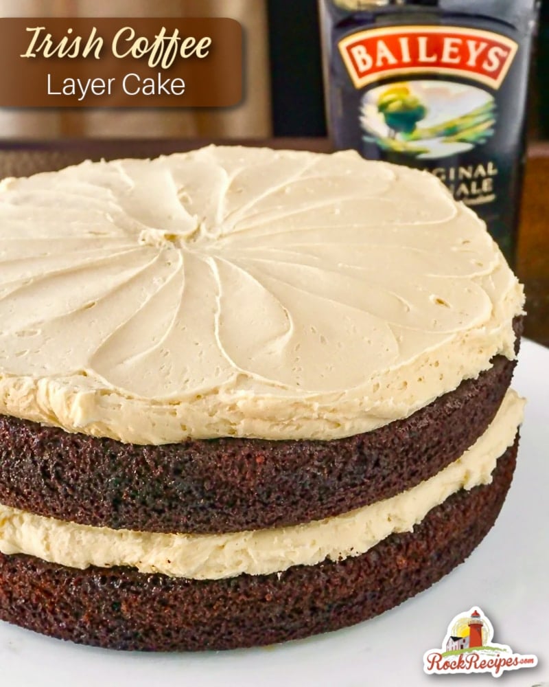 Irish Coffee Layer Cake photo with title text added for soocial media posts