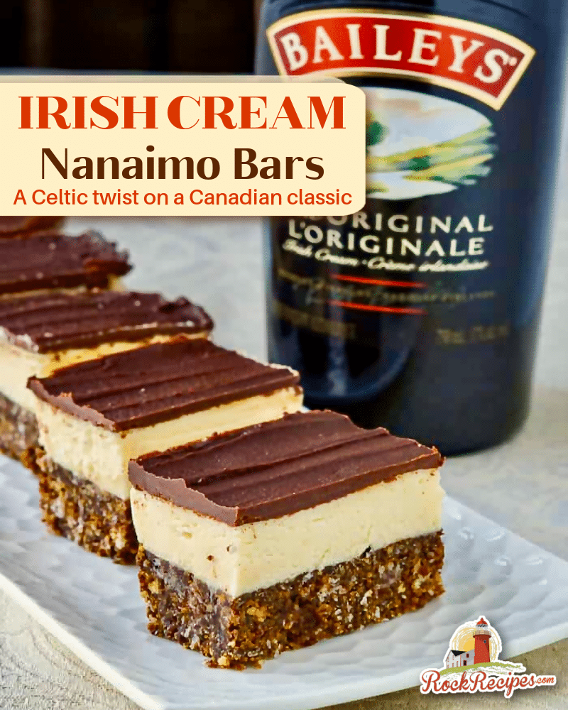 Irish Cream Nanaimo Bars image with title text added for social media posts.