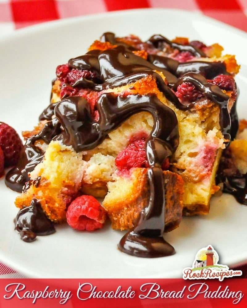 Raspberry Chocolate Bread Pudding square cropped featured image of a single serving on a white plate