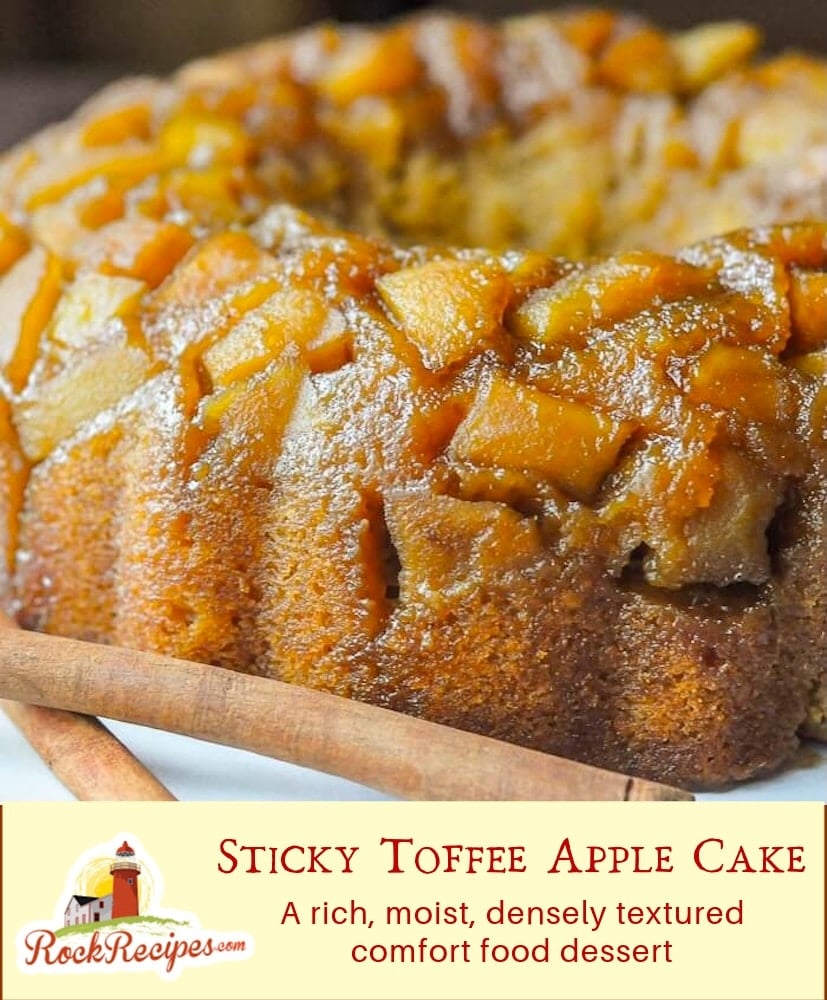 Sticky Toffee Apple Cake photo of uncut cake with title text added for social media posts.