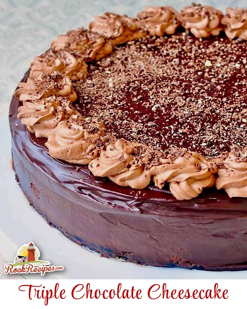 Triple Chocolate Cheesecake photo with titletext added for social media posts.