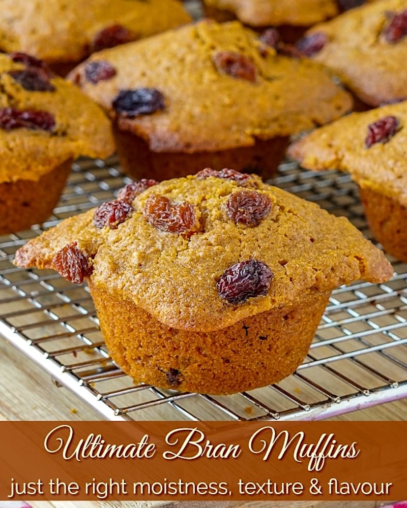 Ultimate Bran Muffins photo formatted to 4x5 size with title text added for social media.