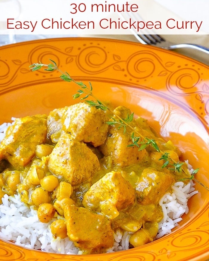 30 minute Easy Chicken Chickpea Curry photo with title text for social media.