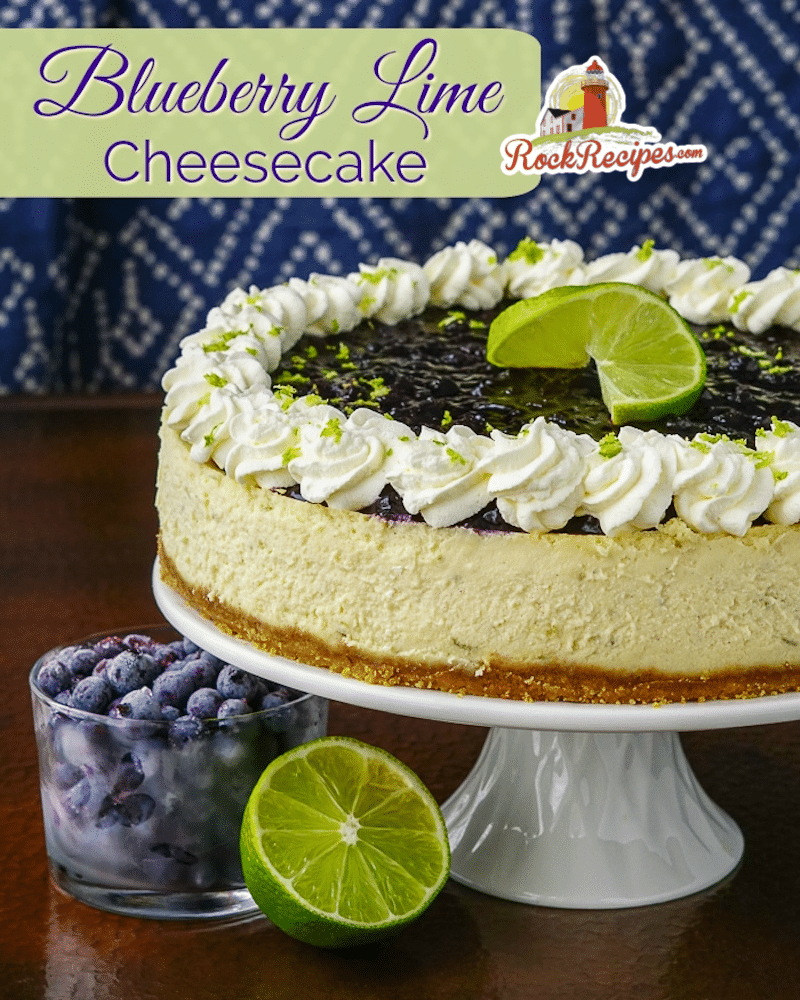 Blueberry Lime Cheesecake photo with title text added for social media posts.