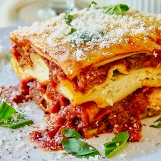 Chicken Chorizo Lasagna close up photo of one serving