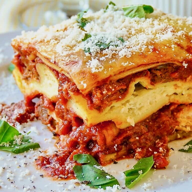 Chicken Chorizo Lasagna close up photo of one serving