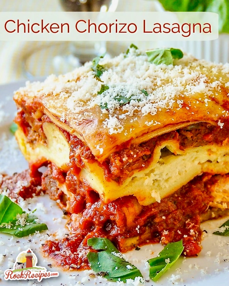 Chicken Chorizo Lasagna image with title text added for social media posts