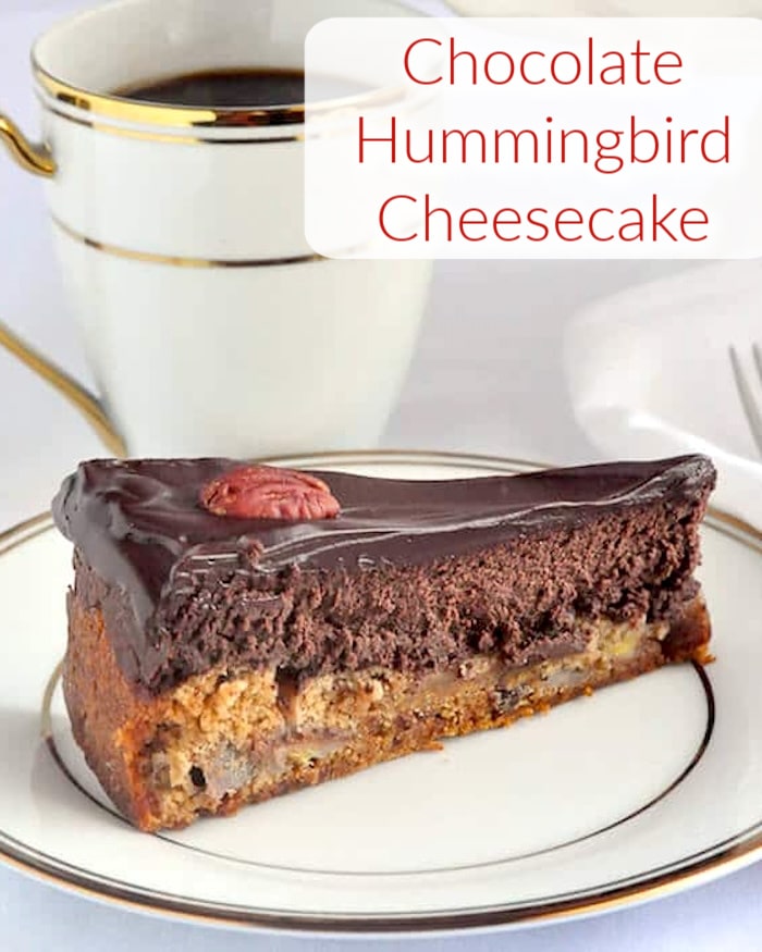 Chocolate Hummingbird Cheesecake photo with title text added for social media